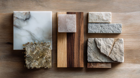 Flat lay of luxury design finishes including smooth marble, rustic stone, and natural wood, soft light, Pinterest aestheticの素材
