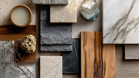 Flat lay of luxury design finishes including smooth marble, rustic stone, and natural wood, soft light, Pinterest aestheticの素材