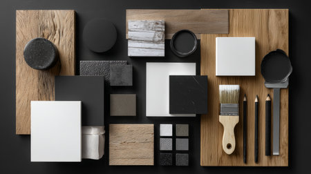 Minimalist modern flat lay with black and white paint swatches, natural wood textures, and clean design tools, high-end 3D renderingの素材