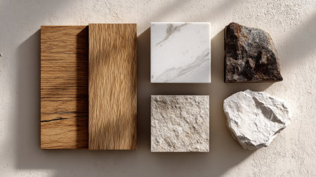 Neutral earthy material samples including oak wood, white marble, and stone, laid flat with subtle shadows, minimal modern interior designの素材