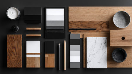 Minimalist modern flat lay with black and white paint swatches, natural wood textures, and clean design tools, high-end 3D renderingの素材