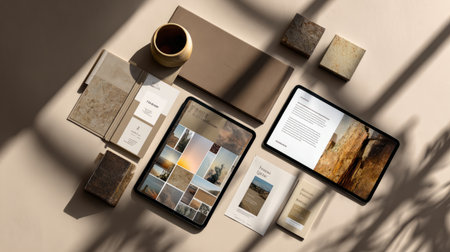 Portfolio layout template displayed digitally on tablet and print, modern neutral style, professional branding designの素材