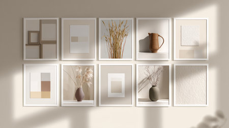 Minimalist interior portfolio template mockup, neutral tones, structured grid layout, stylish and professional presentation, soft shadowsの素材