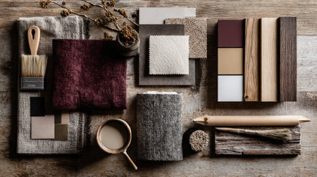 Stylish 3D render of interior design tools with paint chips, fabric textures, and wood materials, creative workspace conceptの素材