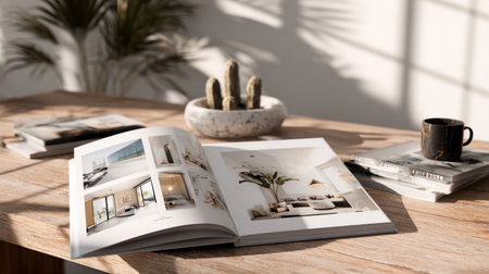 Open interior design portfolio on wooden desk, featuring layout with photos and text, modern clean design, soft natural lightingの素材