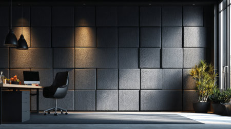 Stylish office wall with dark grey soundproof panels, modern minimalist workspace, soft light creating subtle shadows and textureの素材