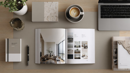 Open interior design portfolio displayed on desk with coffee and laptop, clean grid layout, neutral aestheticの素材
