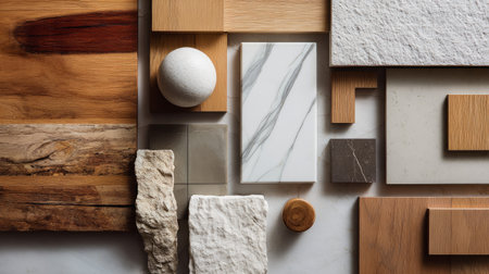 Top-down view of interior design materials including warm wood, white marble, and textured stone, clean minimalist flat lay, modern natural tonesの素材