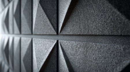 Texture-focused close-up of modern grey acoustic wall panels, subtle shadow play, high-end interior design detailの素材