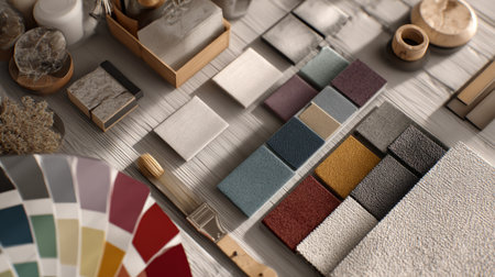 Stylish 3D render of interior design tools with paint chips, fabric textures, and wood materials, creative workspace conceptの素材