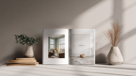 Portfolio template mockup with interior photography and elegant typography, minimal design, clean soft light settingの素材