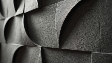 Texture-focused close-up of modern grey acoustic wall panels, subtle shadow play, high-end interior design detailの素材