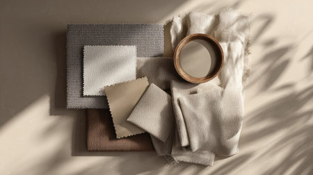 Stylish flat lay of neutral-toned fabric samples paired with complementary paint swatches, soft warm lighting, realistic 3D renderの素材