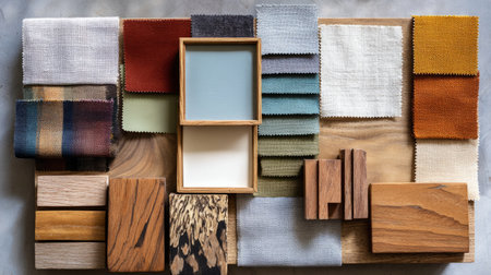 Top-down view of colorful paint swatches, fabric samples, and natural wood tones arranged neatly for interior design projectの素材