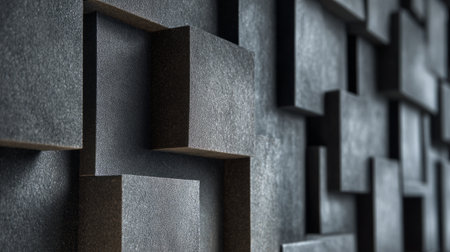 Texture-focused close-up of modern grey acoustic wall panels, subtle shadow play, high-end interior design detailの素材