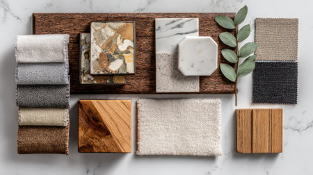 Top-down view of colorful paint swatches, fabric samples, and natural wood tones arranged neatly for interior design projectの素材