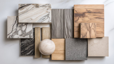Top-down arrangement of modern interior design samples, marble, wood, and stone in neutral beige and gray tones, clean minimal compositionの素材