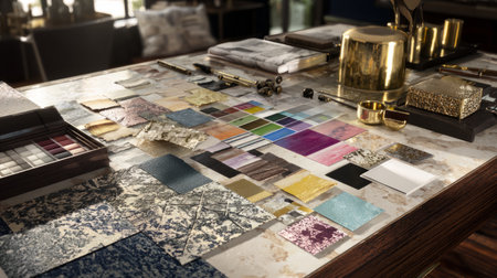 Professional design desk featuring scattered paint swatches, fabric samples, and metallic finishes, realistic textures and lightingの素材