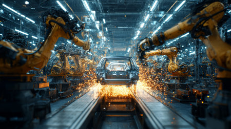 Industrial robotic assembly line constructing car bodies, glowing sparks and steel structures, modern technology-driven manufacturingの素材