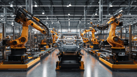 High-tech factory scene with robots assembling car structures, sleek modern machinery, precision manufacturing focusの素材