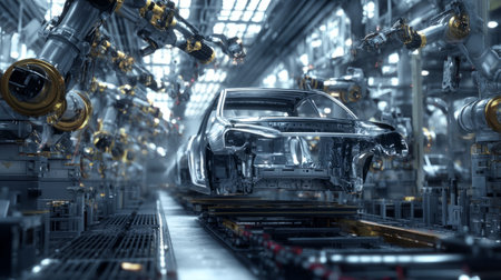 Car chassis suspended as robotic arms work in unison, highly automated factory scene, mechanical accuracy and speedの素材