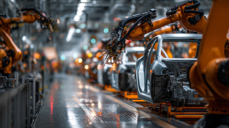 Robotic assembly line building cars with unmatched precision, technological advancement driving modern manufacturingの素材