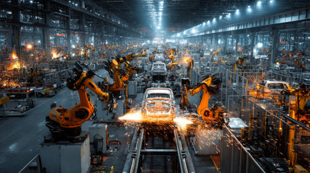 Factory floor filled with robotic welders, sparks highlighting advanced automotive production technologyの素材