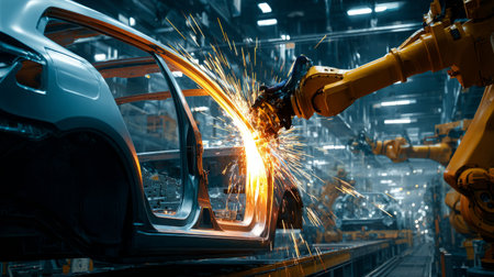 Robotic welding sparks illuminating dark factory, industrial automation in progress, streamlined modern car assemblyの素材