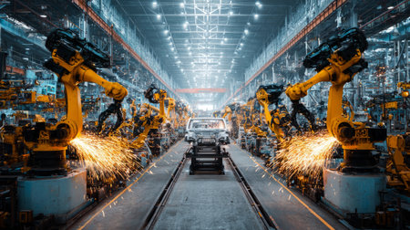 Factory floor filled with robotic welders, sparks highlighting advanced automotive production technologyの素材