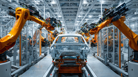 Robotic arms assembling car frames with precision, automated production line, advanced technology and engineering, industrial manufacturing excellence in actionの素材