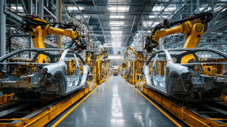 High-tech factory scene with robots assembling car structures, sleek modern machinery, precision manufacturing focusの素材
