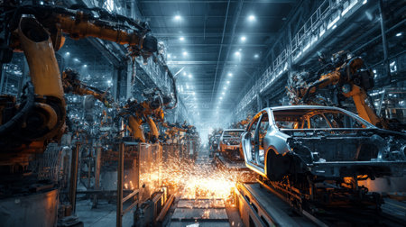 Robotic welding sparks illuminating dark factory, industrial automation in progress, streamlined modern car assemblyの素材
