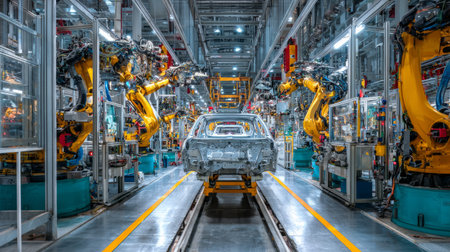 Car chassis suspended as robotic arms work in unison, highly automated factory scene, mechanical accuracy and speedの素材