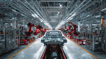 Modern car factory interior with automated robots, complex machinery assembling frames, streamlined productionの素材
