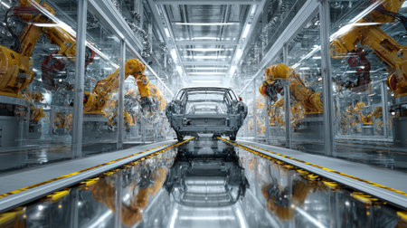 Synchronized robotic arms constructing a vehicle chassis, futuristic production environment, automated efficiency at its peakの素材