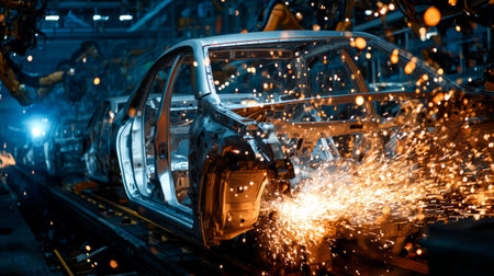 Robotic welding sparks illuminating dark factory, industrial automation in progress, streamlined modern car assemblyの素材