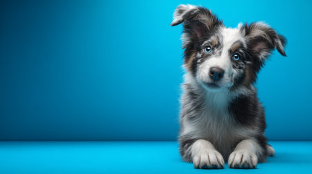 Cute fluffy Border Collie puppy sitting and smiling on vibrant blue background, gaze full of curiosity, perfect pet care banner, 3D render with textured baseの素材