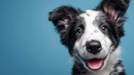 Adorable studio portrait of Border Collie puppy smiling, ears perked, isolated on blue, animals and family pet concept, banner, 3D render with a textured baseの素材