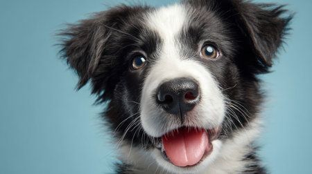 Happy little Border Collie puppy looking up with playful eyes, tongue out, isolated on soft blue backdrop, family pet concept banner, 3D render with a textured baseの素材