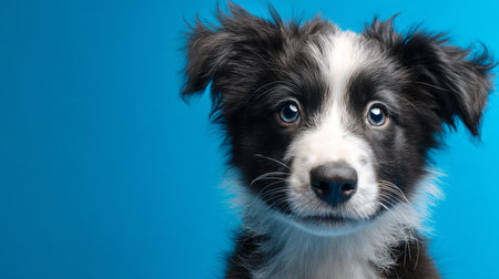 Cute fluffy Border Collie puppy sitting and smiling on vibrant blue background, gaze full of curiosity, perfect pet care banner, 3D render with textured baseの素材