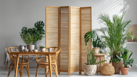 Interior shot with wooden folding screen, modern table setup, and indoor plants, all balanced against clean minimalist white wallの素材