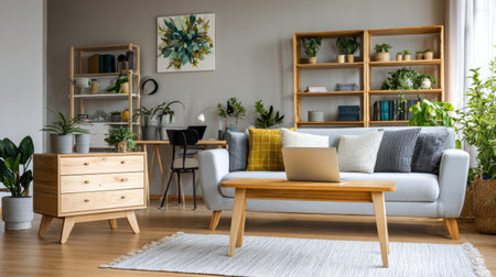 Modern stylish living room with contemporary sofas, laptop on wooden table, chest drawer and shelving units, houseplants adding freshnessの素材