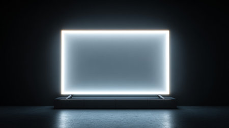 Minimalist smart television mockup isolated in dark environment, slim bezels, flat glowing display, high resolution 3D render stock presentationの素材