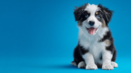Cute fluffy Border Collie puppy sitting and smiling on vibrant blue background, gaze full of curiosity, perfect pet care banner, 3D render with textured baseの素材