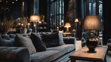 Modern dark interior with moody lighting, glowing lamps near grey sofa and table, intimate and sophisticated atmosphereの素材