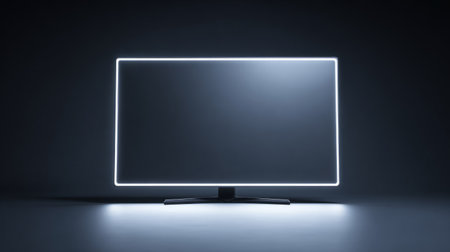 Flat screen computer monitor mockup on dark backdrop, minimalistic 3D rendering with sharp angles, slim frame, and blank glowing screen for content showcaseの素材