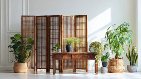 Interior space with Japanese-inspired wooden folding screen, elegant table, and leafy houseplants set against minimalist white wallの素材