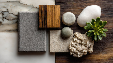 Elegant flat lay of earthy materials, smooth marble, textured wood, natural stone, soft diffused lighting, Pinterest design trendの素材