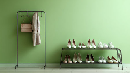 Minimalist hallway with green wall accent, shoe stand holding women heels and flats, clean and organized aestheticの素材