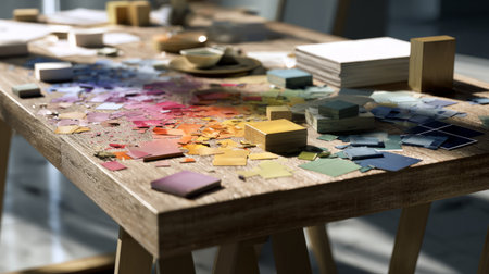 Realistic 3D render of creative design process with scattered paint chips and furniture materials on wooden tabletop, natural lightingの素材